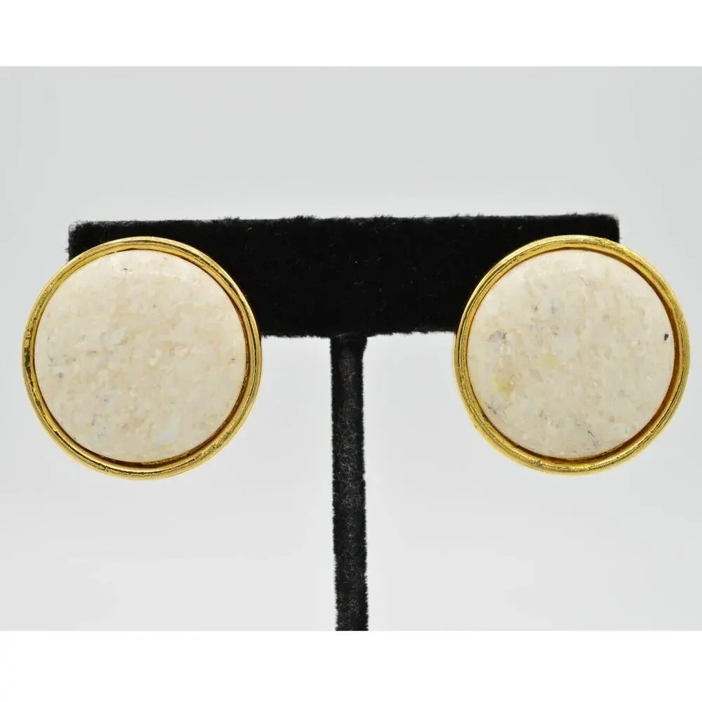 L.G. P. Vintage Clip On Cabochon Earrings Heavy Marbled Chunky Signed 1980s 9L